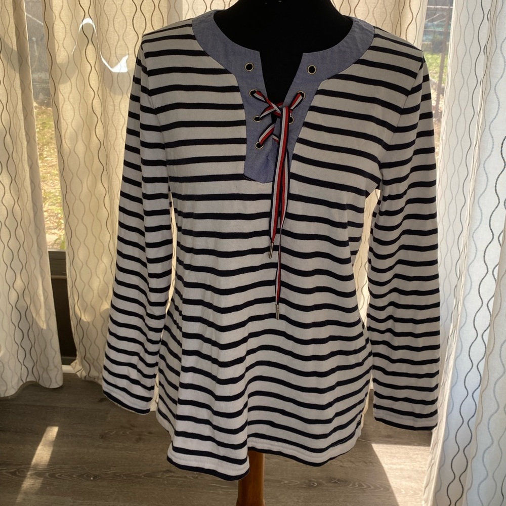TOMMY HILFIGER Long Sleeve Crew Neck Lace-up Striped White/Navy Top Size M